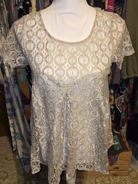 Lace Sequin Short-Sleeve Blouse - Beige with Silver Accents